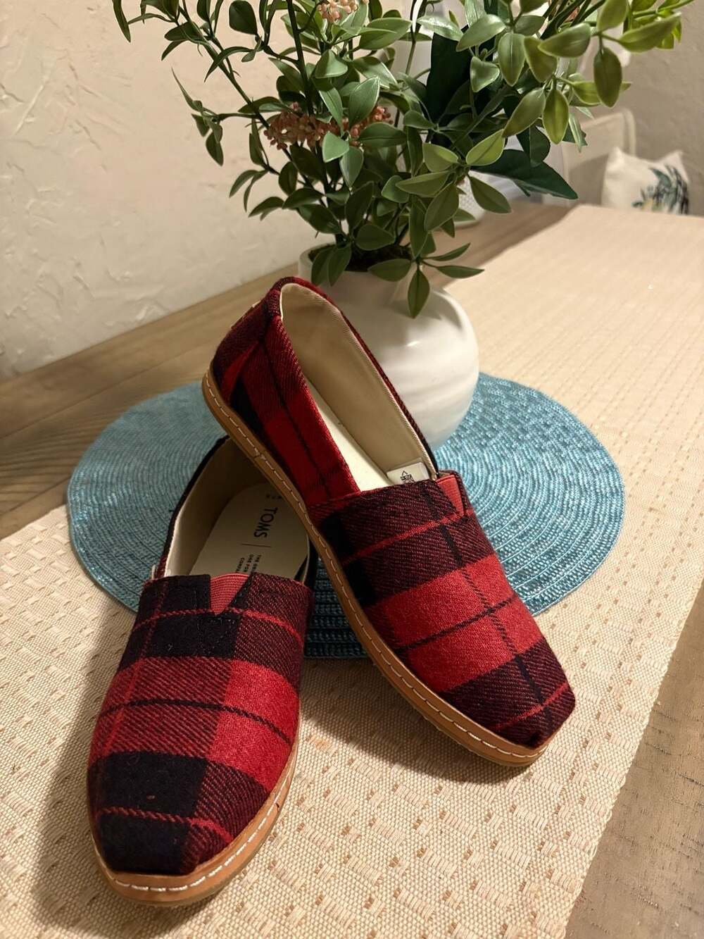 TOMS Women's Red and Black Plaid Wool Slip-On Flats Size 7.5
